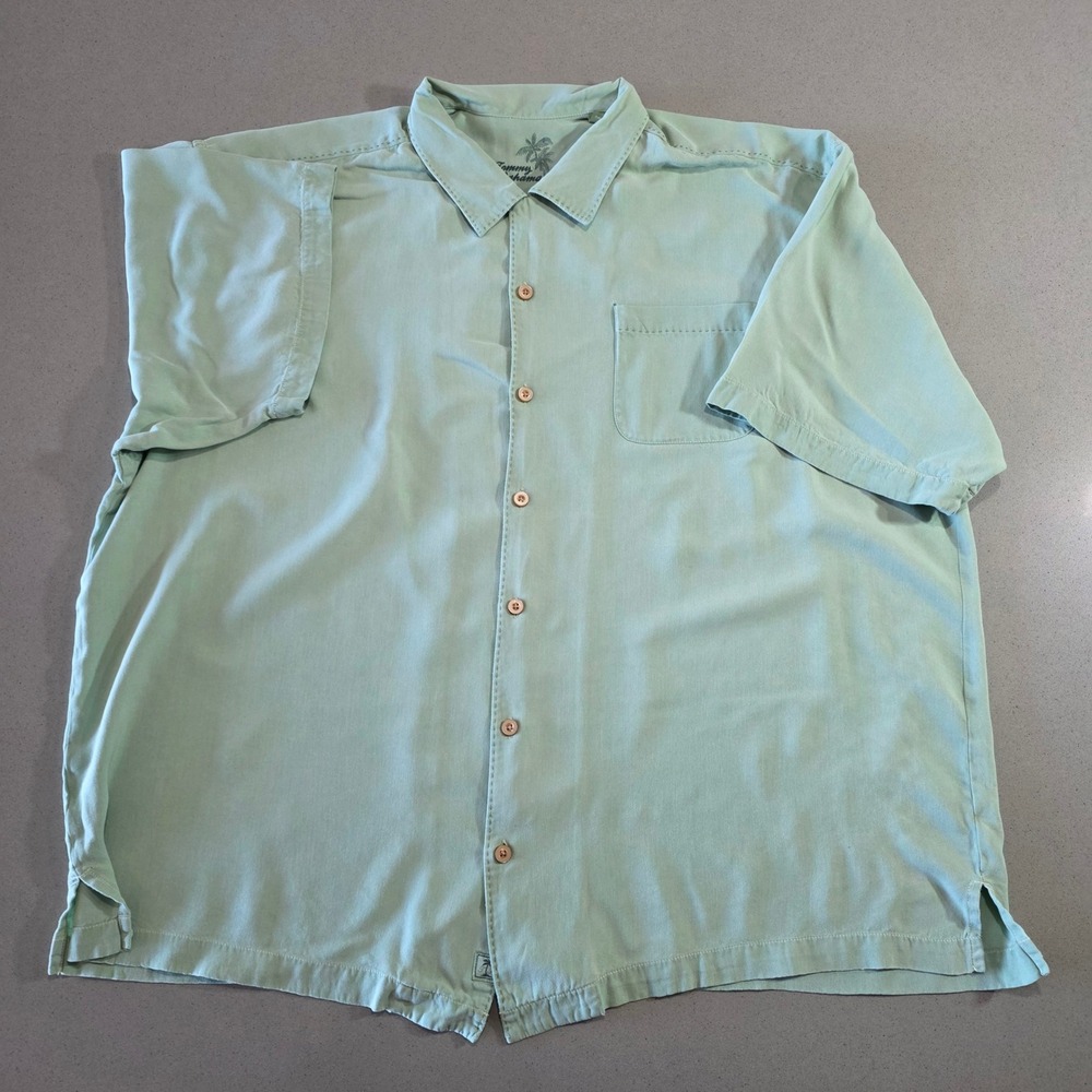 Tommy Bahama Mens XXL Silk Camp Shirt Sage Green Short Sleeve Button Up Pocket